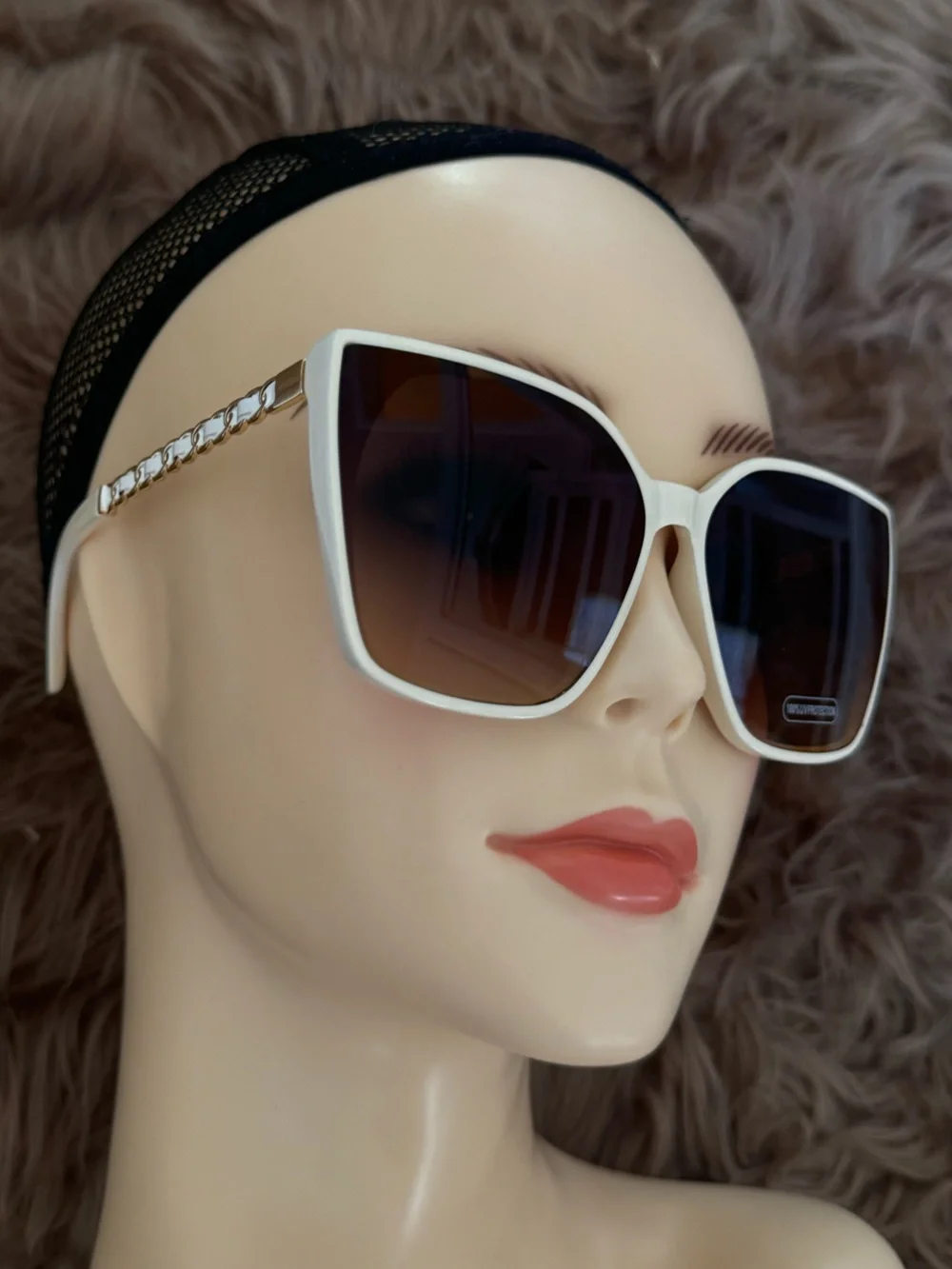 Futuristic sunglasses white cat eye brown lens gold chain style accents